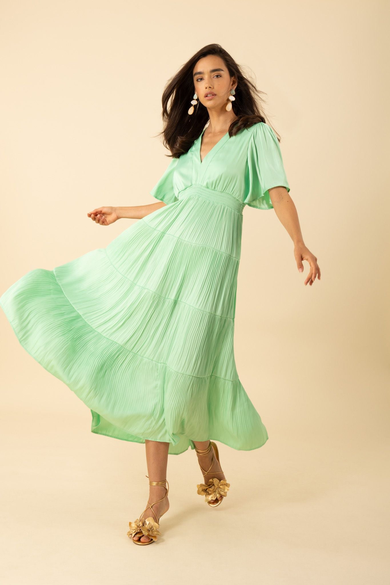 V- Neck Pleated Maxi Dress-Mint Green