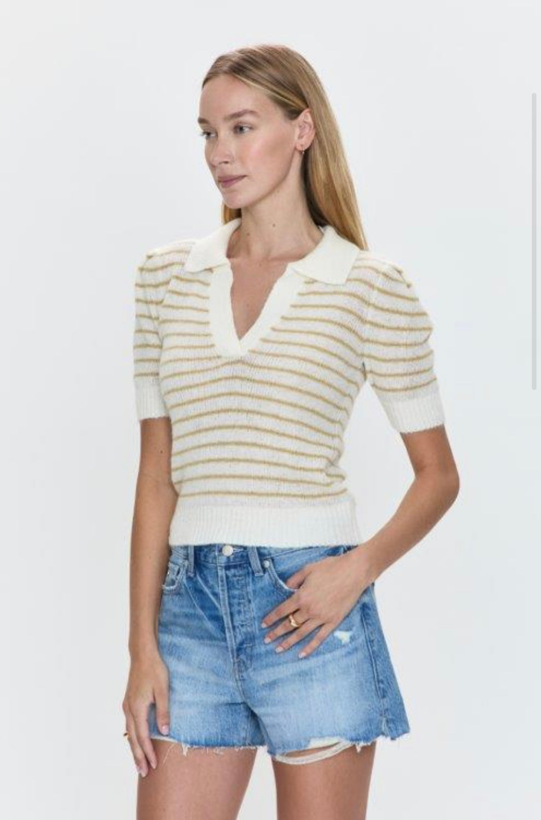 Billie Pleat Sleeve Polo-Pistachio Shell Stripe