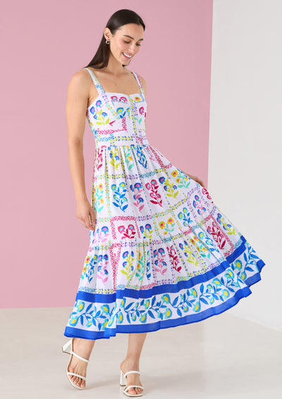 Gianna Dress-White Multi Floral Stamp Print