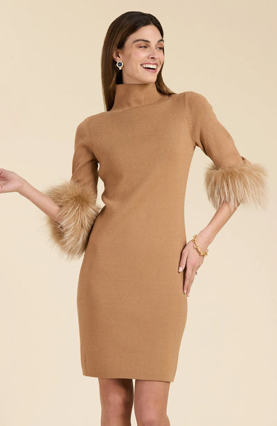 Sloan Fur Trimmed Knit Dress-Camel