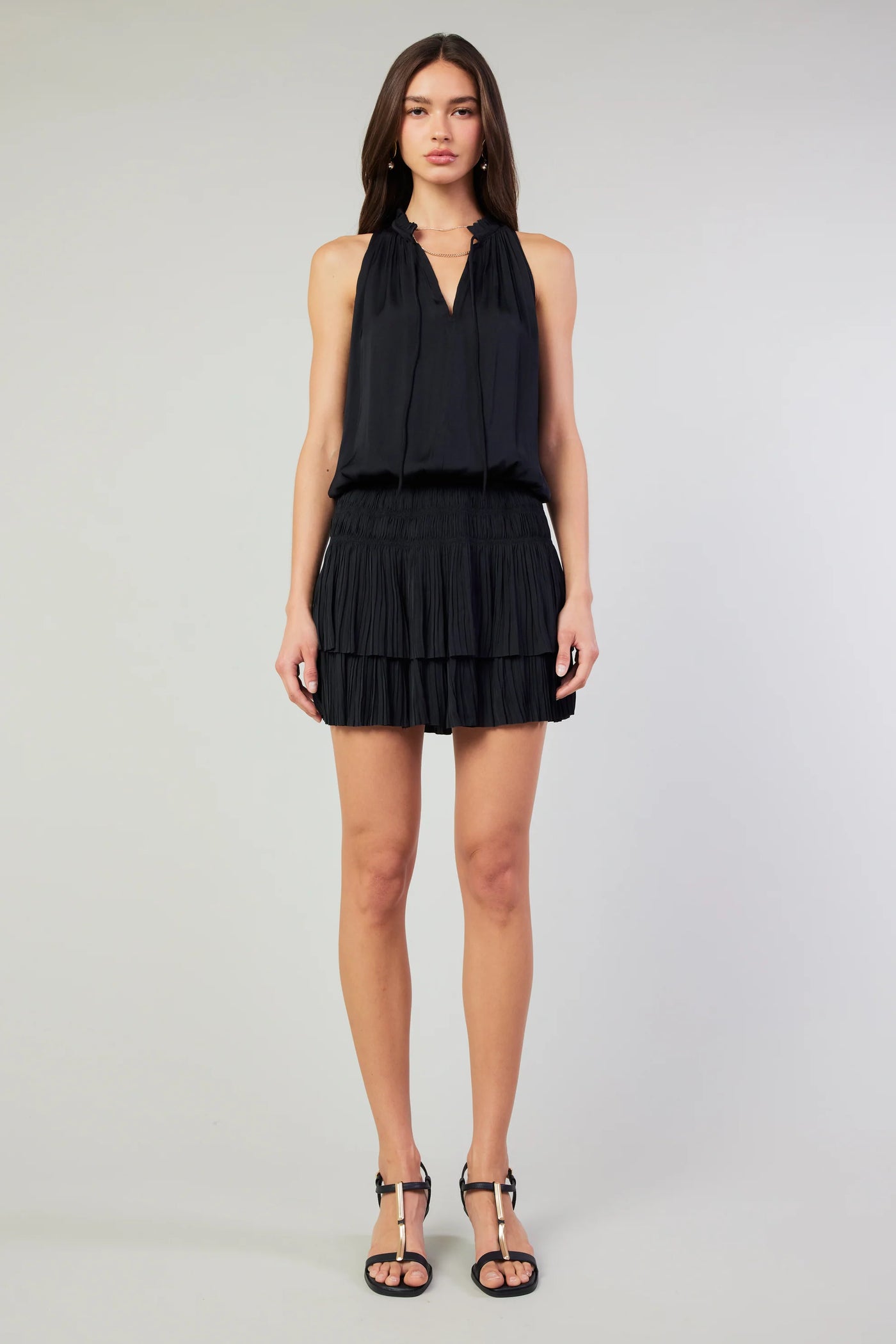 Cara Pleated Sleeveless Mini Dress-Black