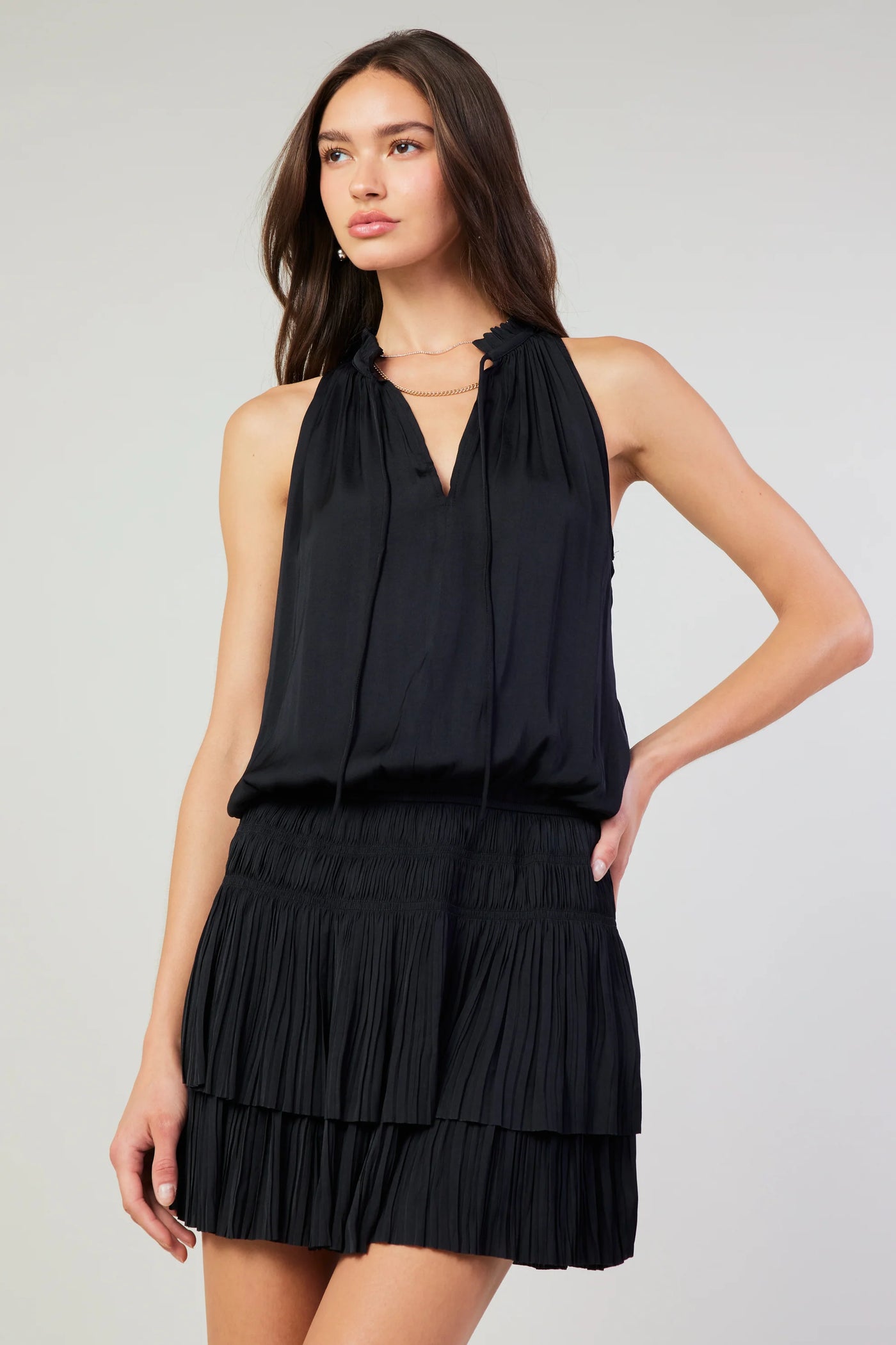 Cara Pleated Sleeveless Mini Dress-Black