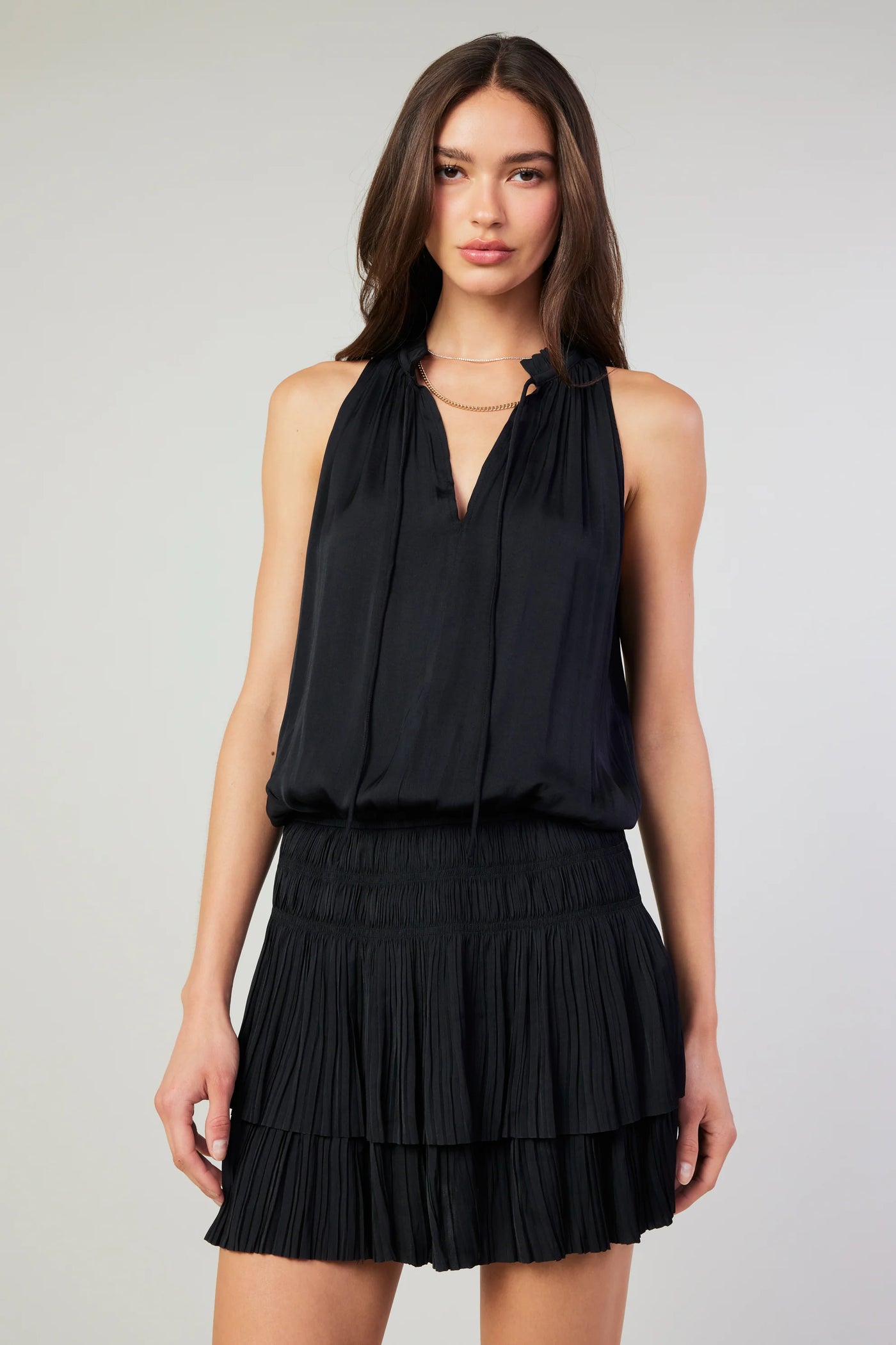 Cara Pleated Sleeveless Mini Dress-Black