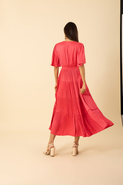 V Neck Pleated Maxi Dress-Pink