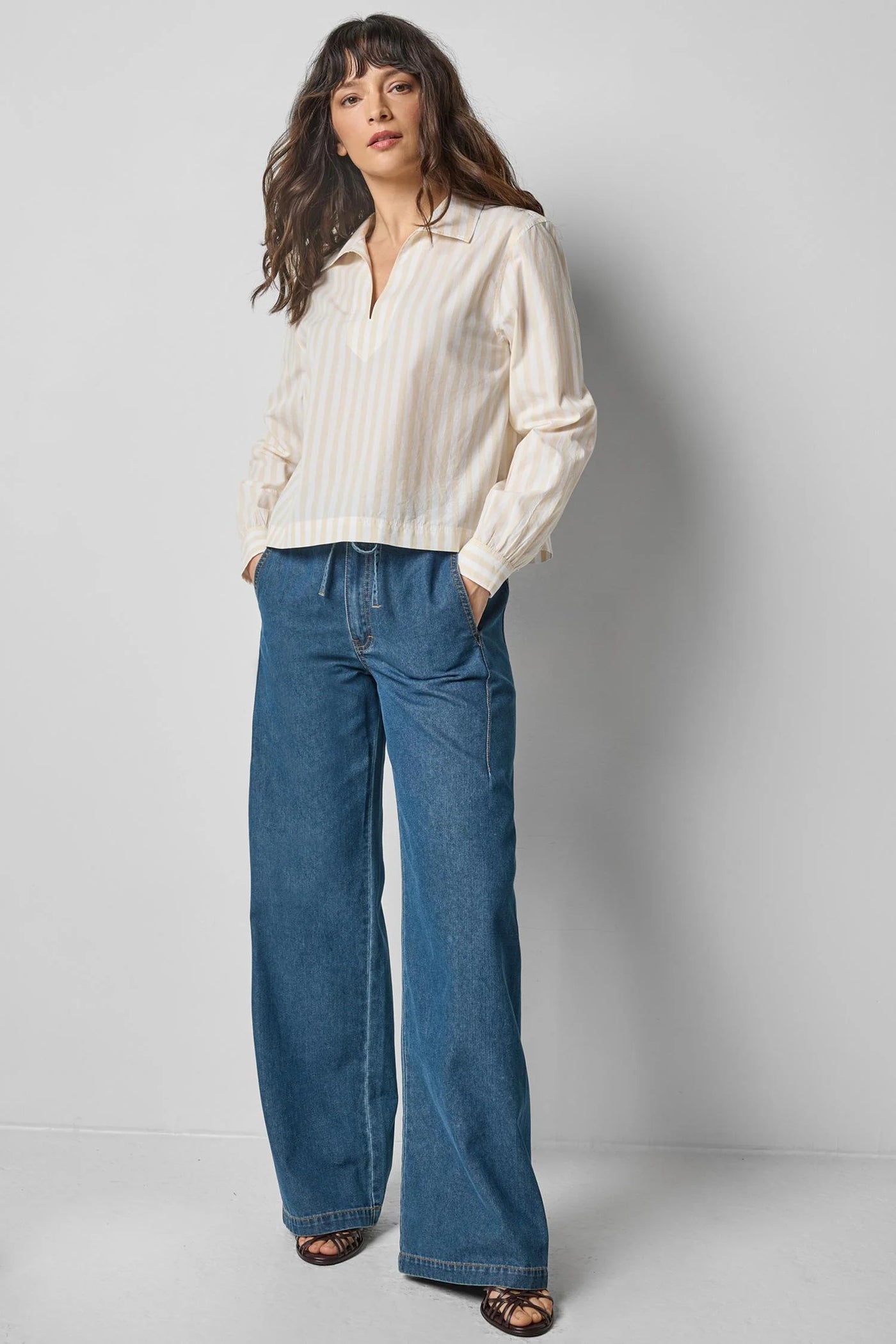 Striped Split Neck Collared Shirt