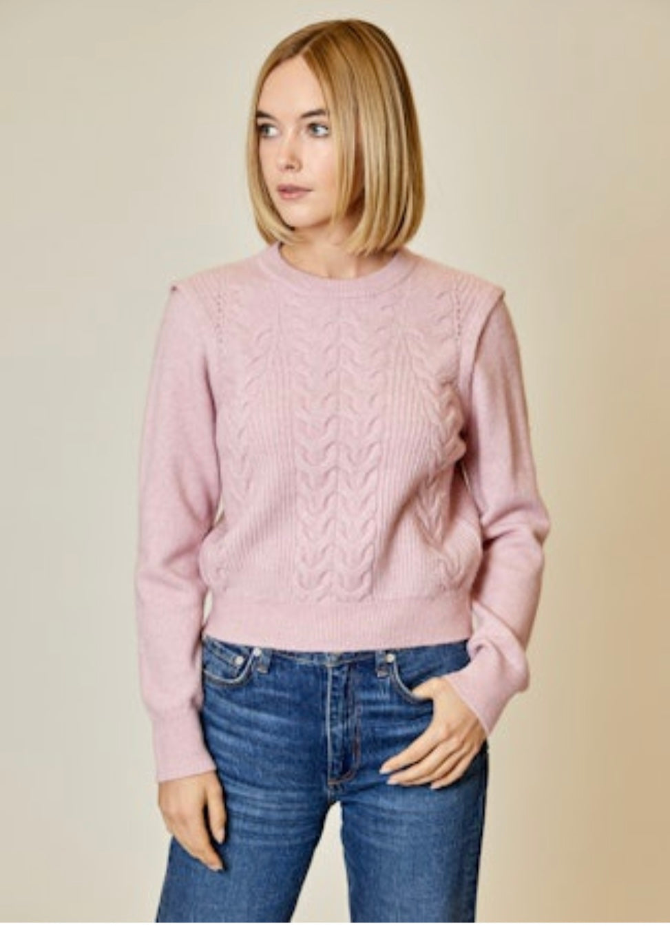 Crewneck Cable Knit Sweater-Shadow Pink