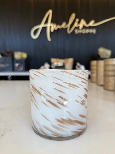 White and Gold Swirl Candle in Glass Blown Vessel-Desperado Scent