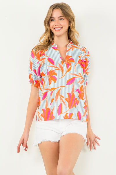 Puff Sleeve Flower Striped Top