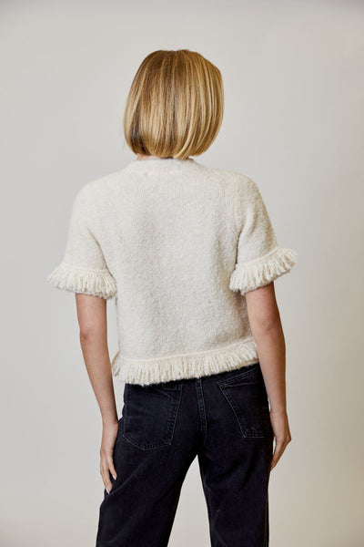 Beige Fringe Novelty Sweater Cardigan With Rhinestone Detail