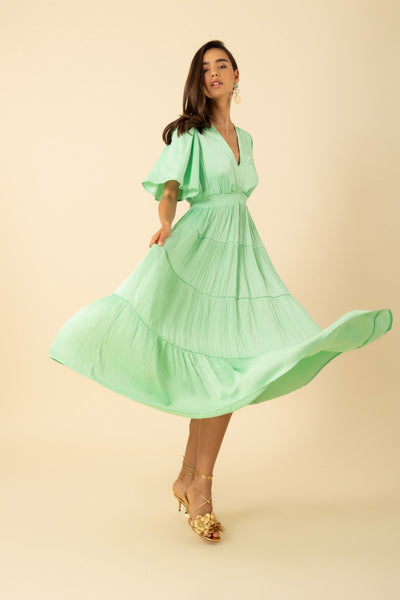 V- Neck Pleated Maxi Dress-Mint Green
