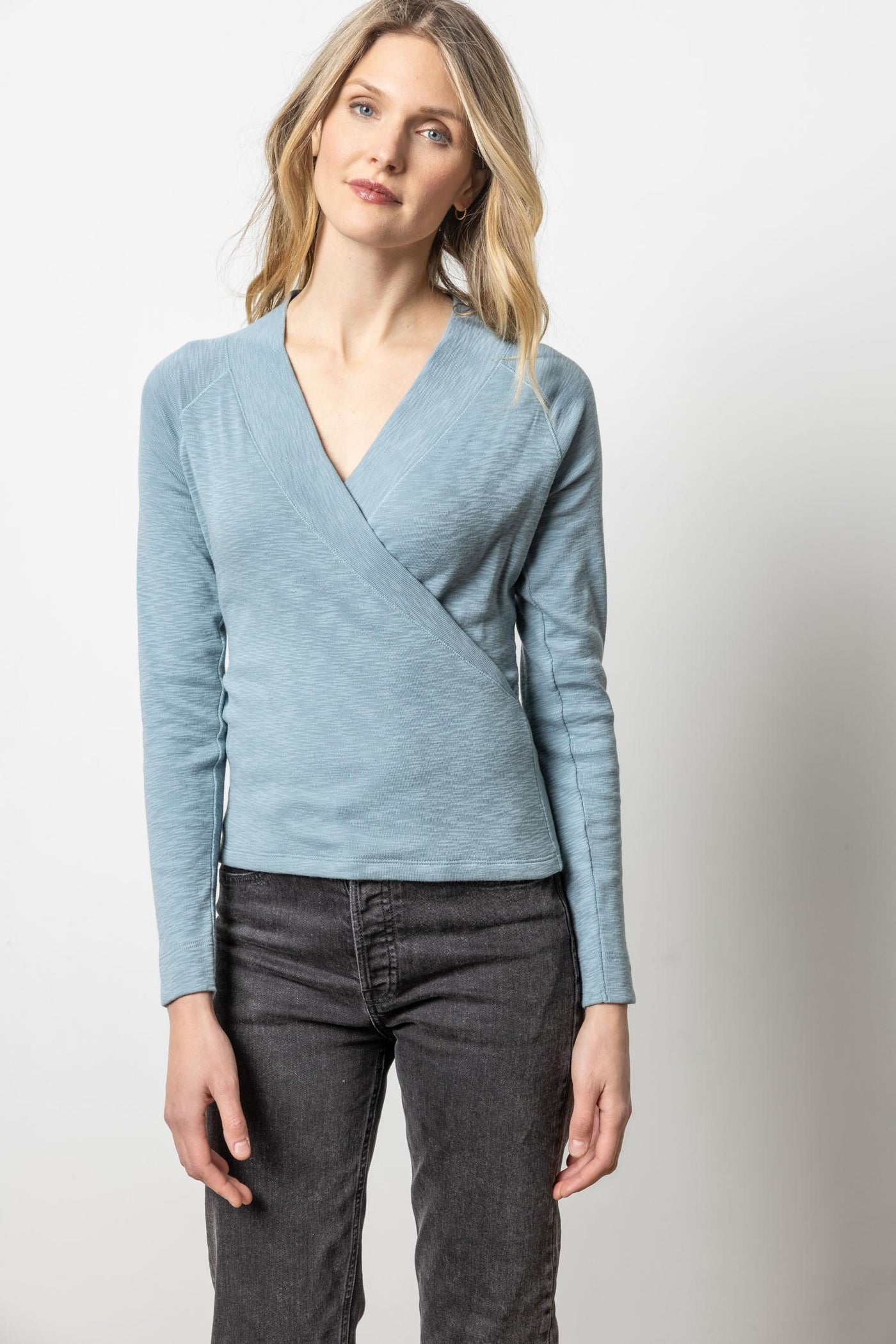 Shawl Collar Faux Wrap Top-Slate