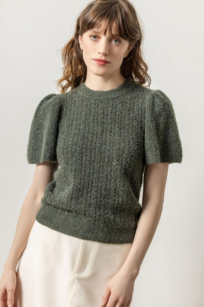 Crew Neck Flutter Sleeve Sweater-Shale