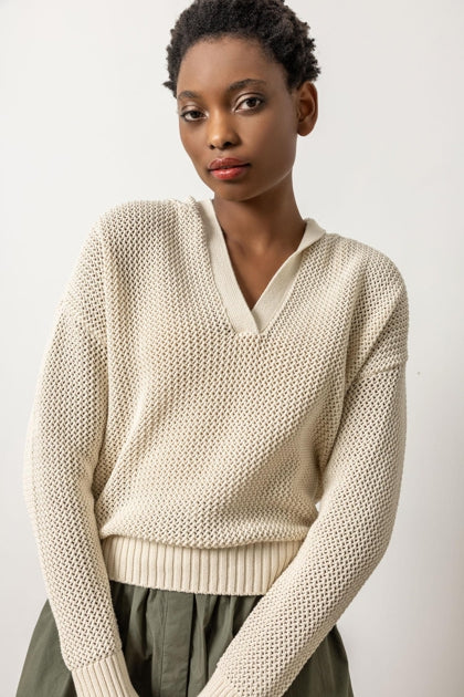 Hooded Split Neck Sweater-Stone