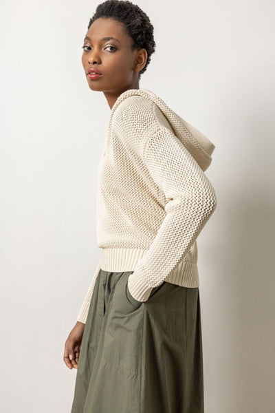 Hooded Split Neck Sweater-Stone