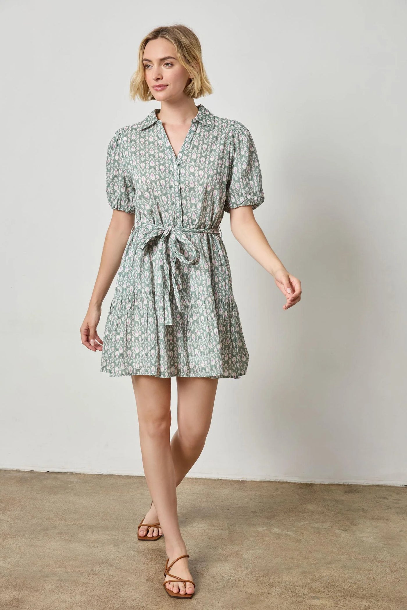 Short Sleeve Tiered Peplum Dress-Seagrass Print