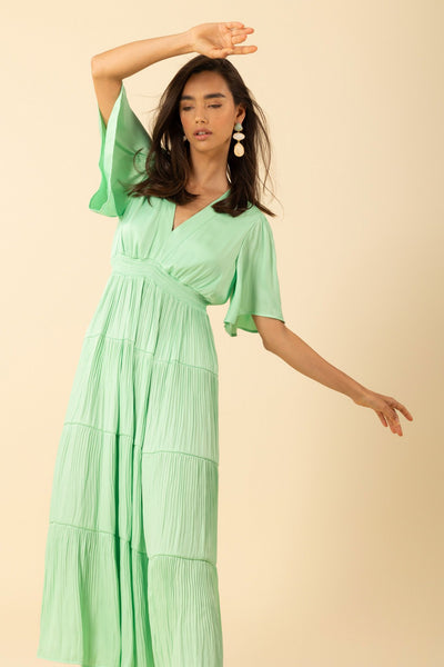 V- Neck Pleated Maxi Dress-Mint Green