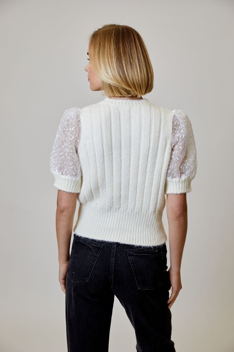 Embellished Sleeve White Sweater