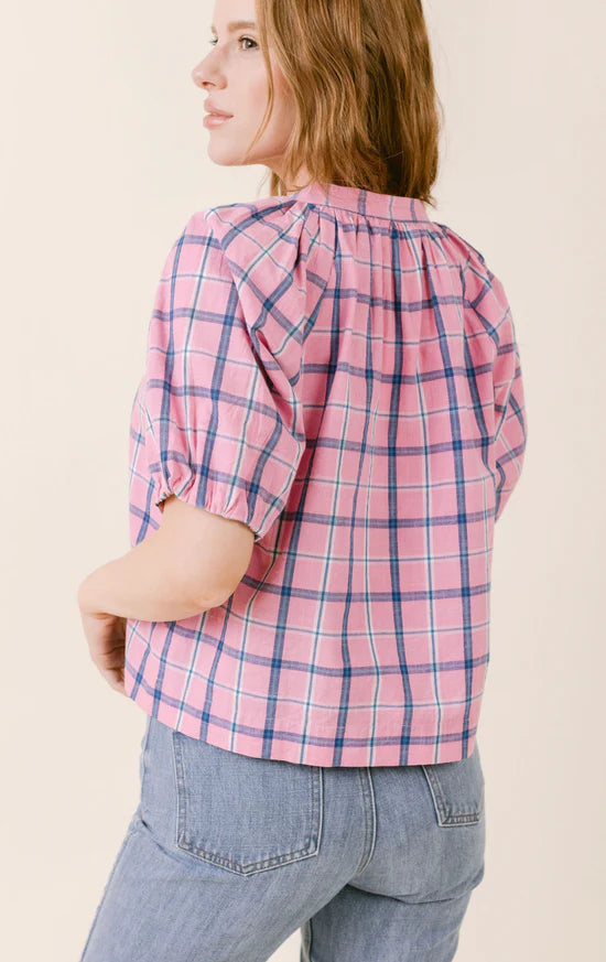 Henley Blouse-Pink Plaid