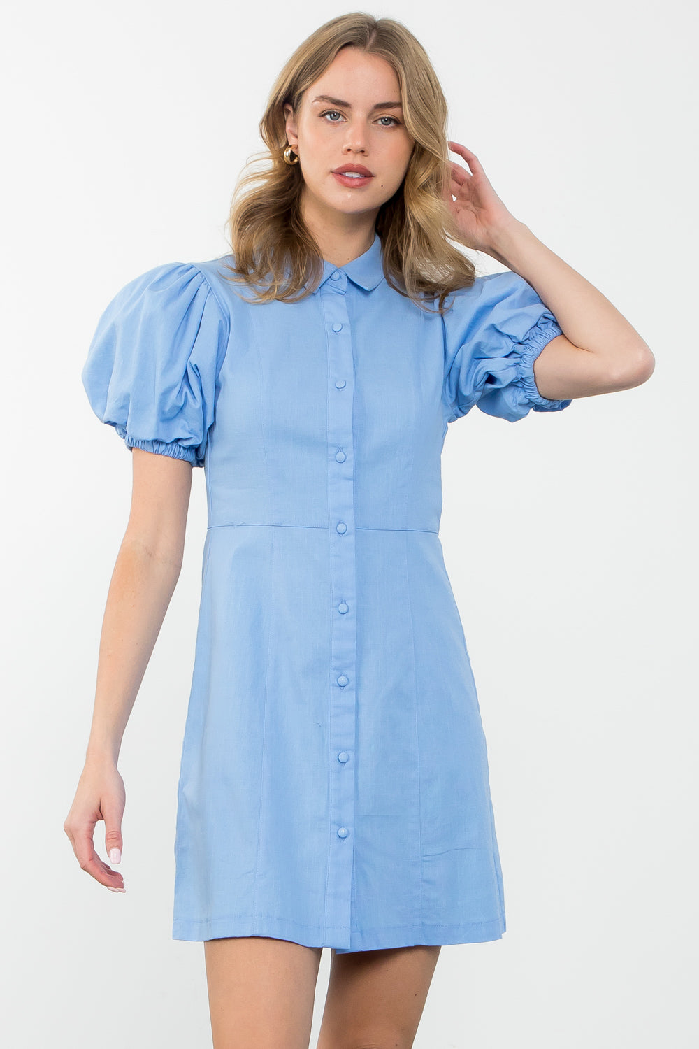 Puff Sleeve Button Up Dress-Blue