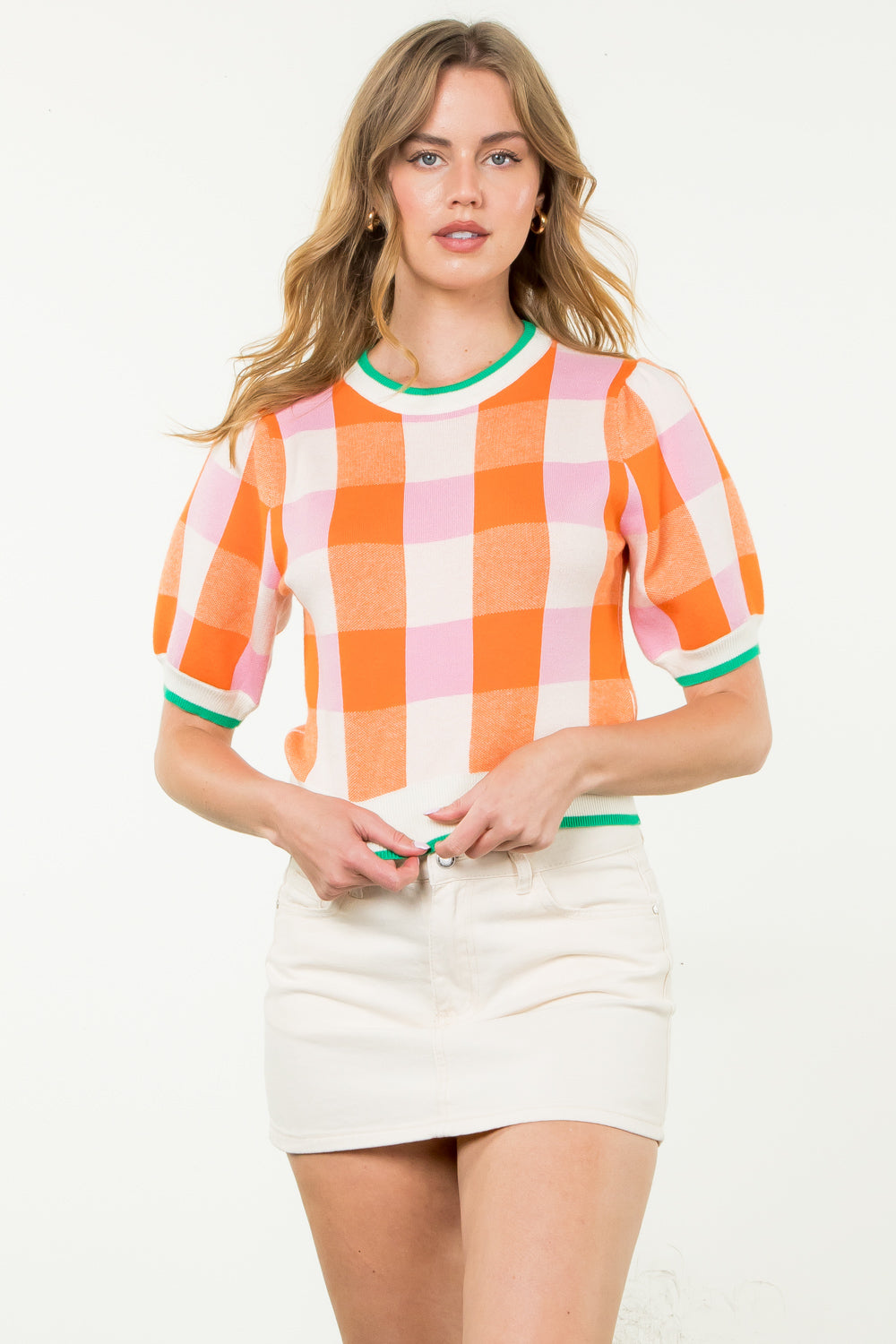 Checkered Knit Novelty Top