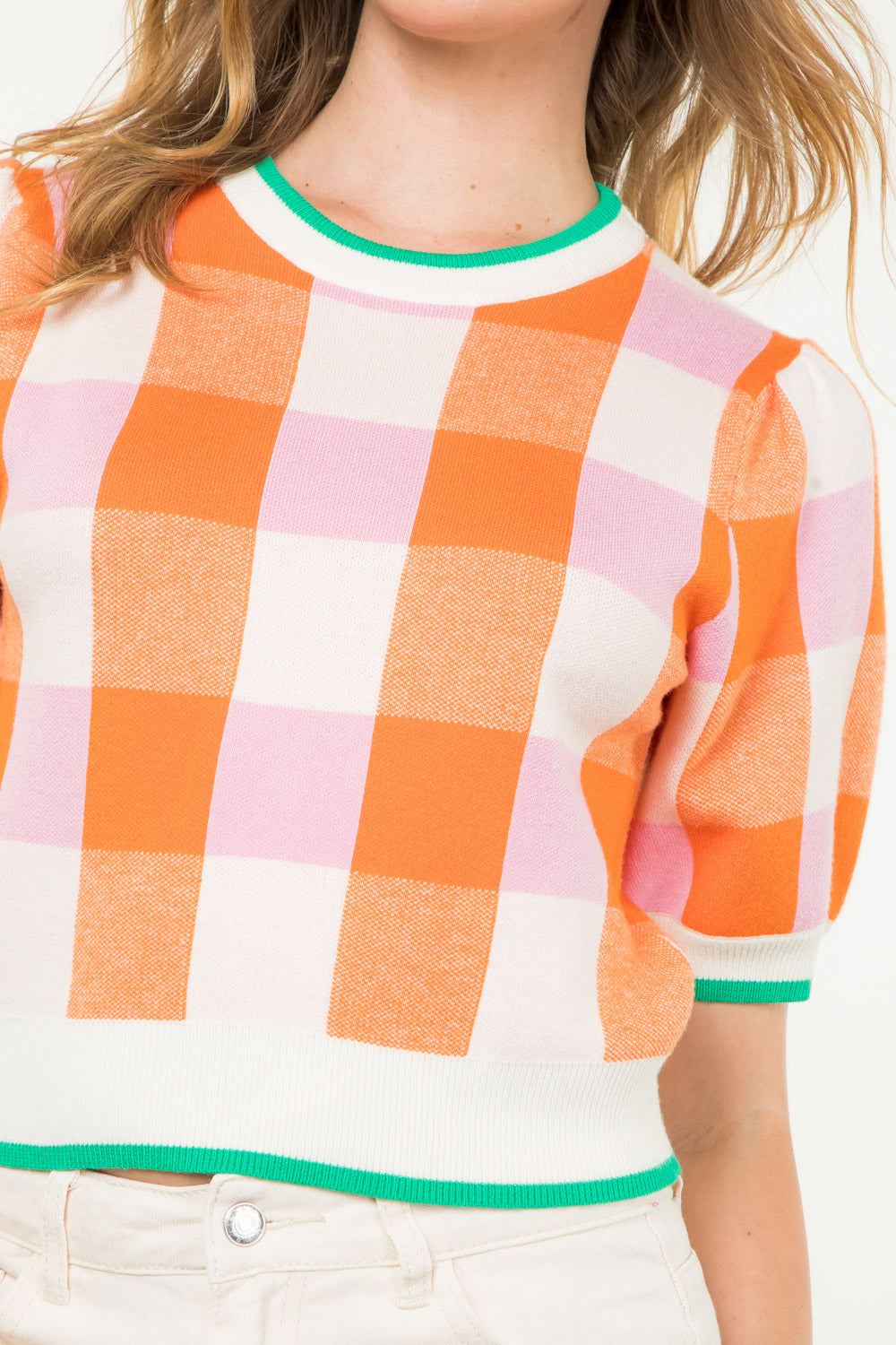 Checkered Knit Novelty Top