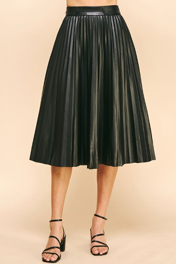 Pleated Vegan Leather Skirt-Black