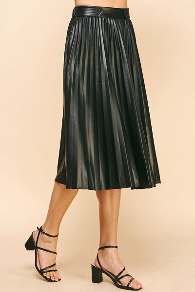 Pleated Vegan Leather Skirt-Black