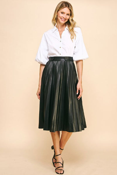 Pleated Vegan Leather Skirt-Black