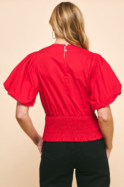 Short Sleeve Woven Blouse-Red