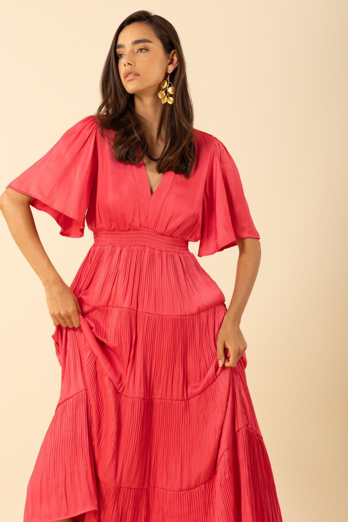 V Neck Pleated Maxi Dress-Pink