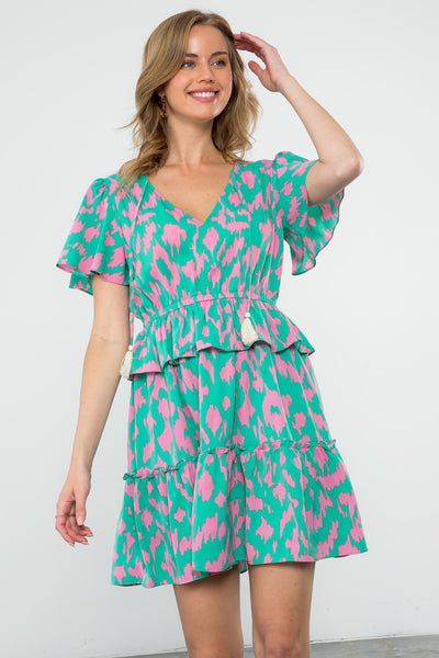 Flutter Sleeve Print Tiered Dress