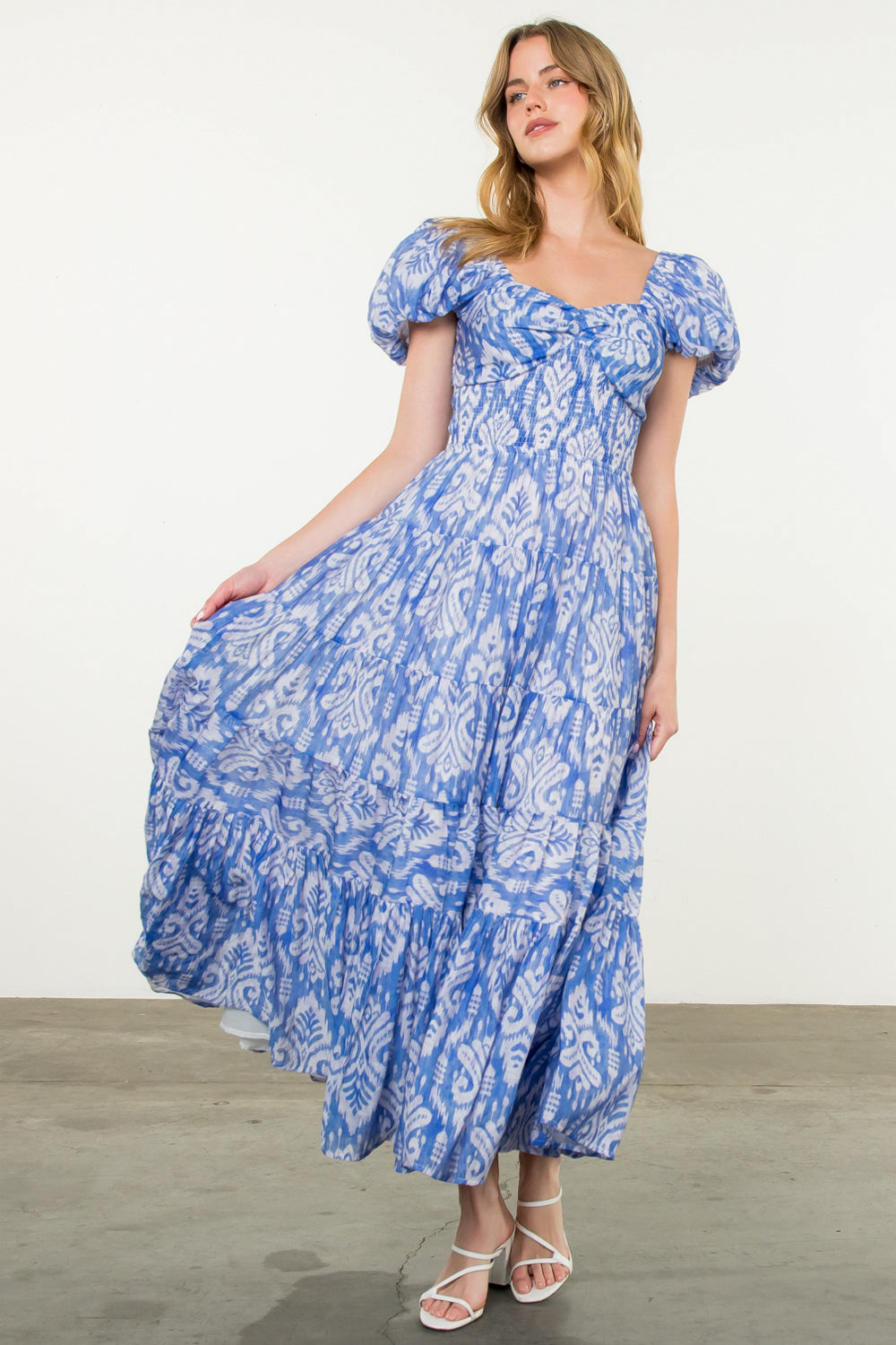 Puff Sleeve Tiered Print Dress
