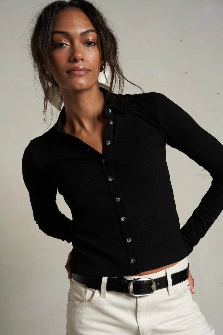 Amee Luxe Rib Polo Top-True Black
