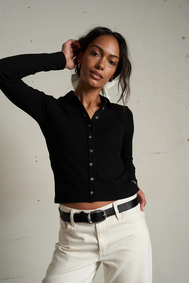 Amee Luxe Rib Polo Top-True Black