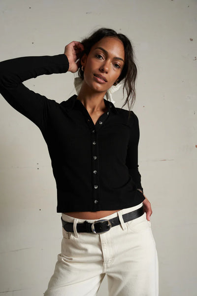 Amee Luxe Rib Polo Top-True Black