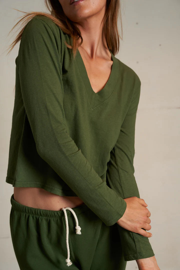 Fiona Recycled Cotton-Long Sleeve V Neck-Fern Green