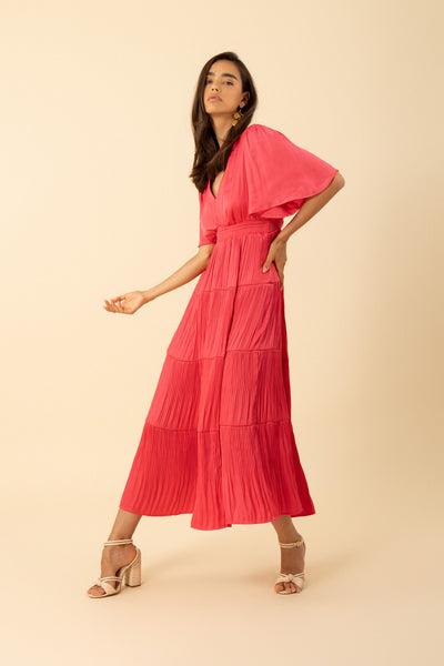 V Neck Pleated Maxi Dress-Pink