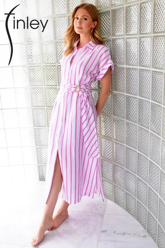 Smithy Sash Waist Shirtdress-Pink Stripe