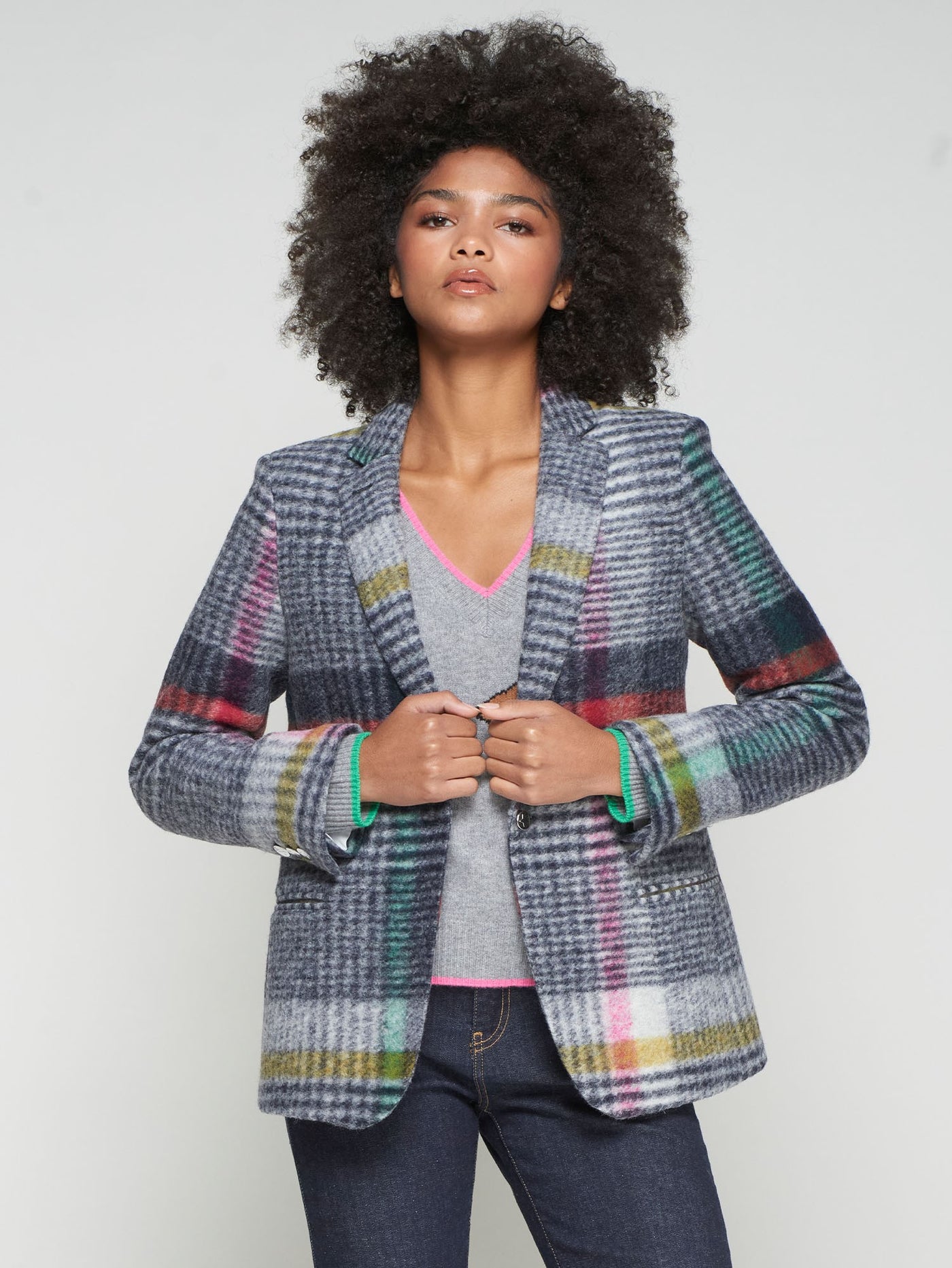 Hannah Grey Multicolored Checked Blazer