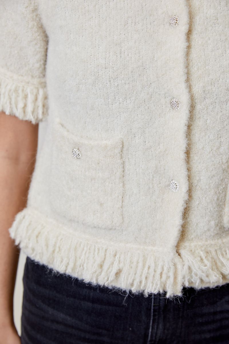 Beige Fringe Novelty Sweater Cardigan With Rhinestone Detail