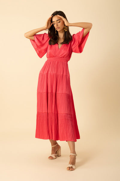 V Neck Pleated Maxi Dress-Pink