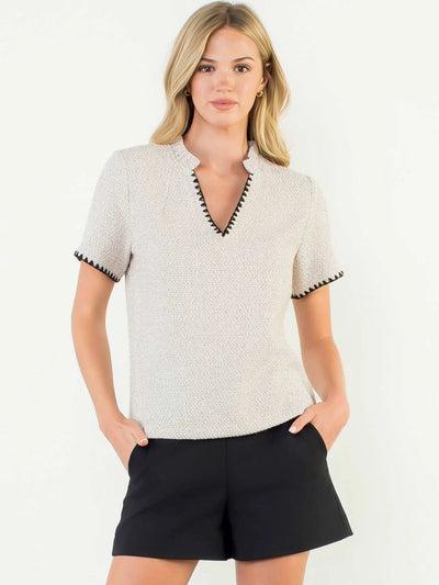 Tweed Contrast Trim Top-Cream