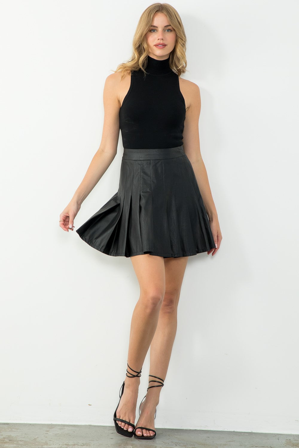 Pleated Leather Skirt-Black