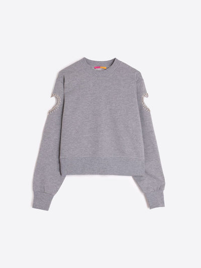 Grey Novelty Sweatshirt-Heart Cut Out and Beading