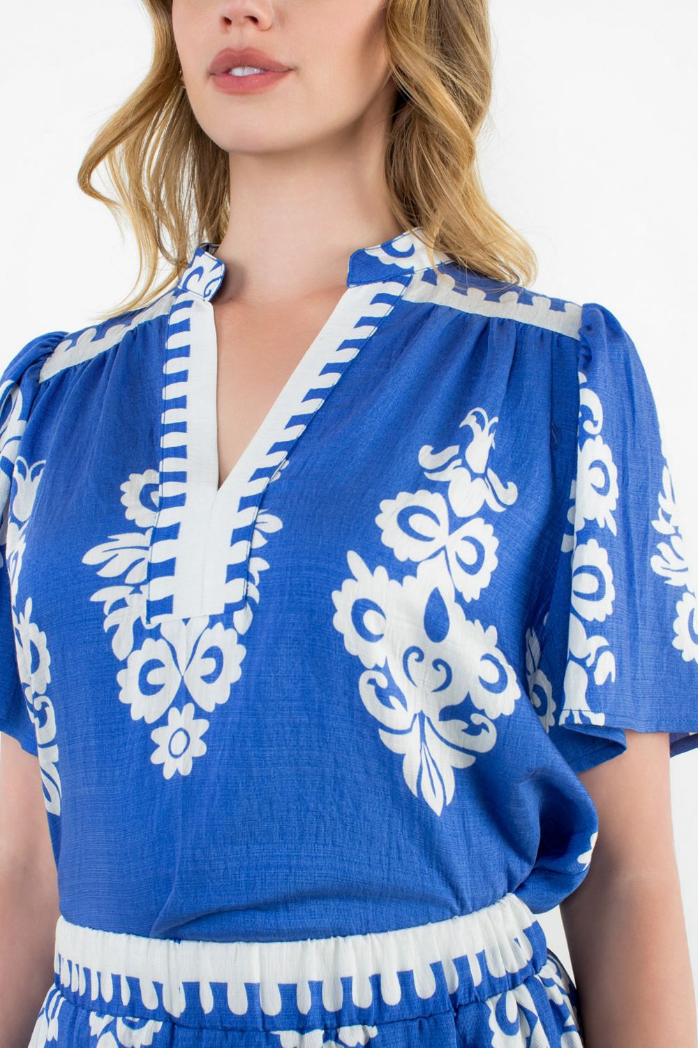 Blue and White Printed Blouse