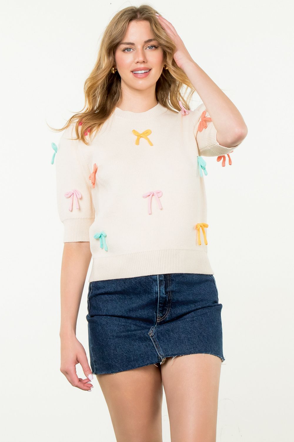 Short Sleeve Textured Bow Knit Top