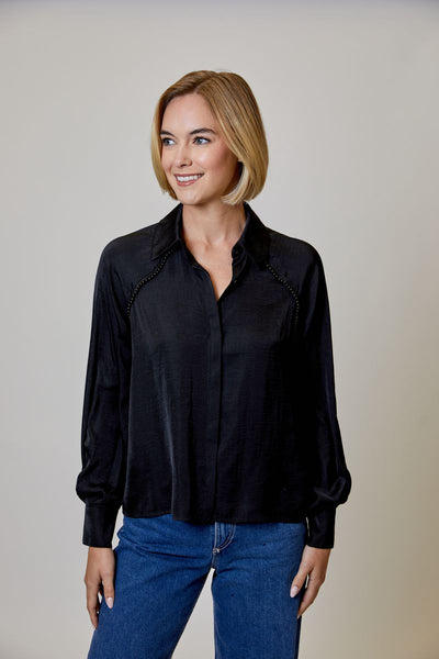 Black Blouse With Black Pearl Detail