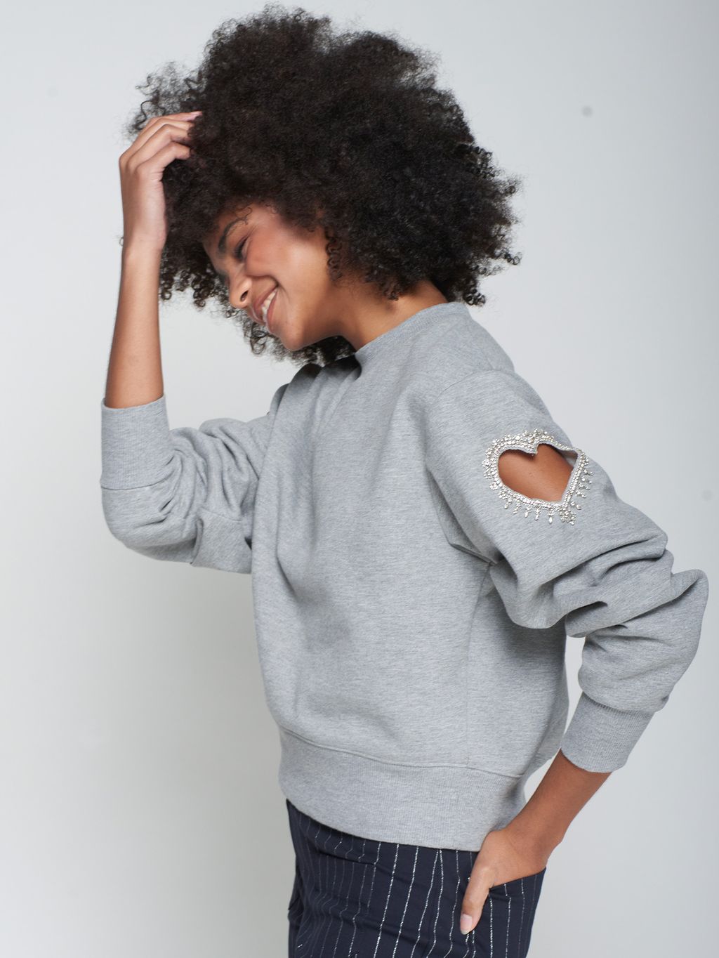 Grey Novelty Sweatshirt-Heart Cut Out and Beading