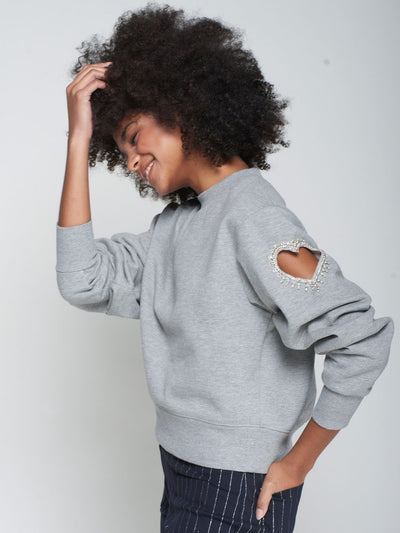 Grey Novelty Sweatshirt-Heart Cut Out and Beading